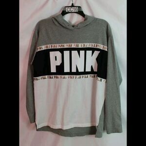 Victoria Secret Pink Hoodie Bling Tunic Sweatshirt Graphic S Grey White Gold.